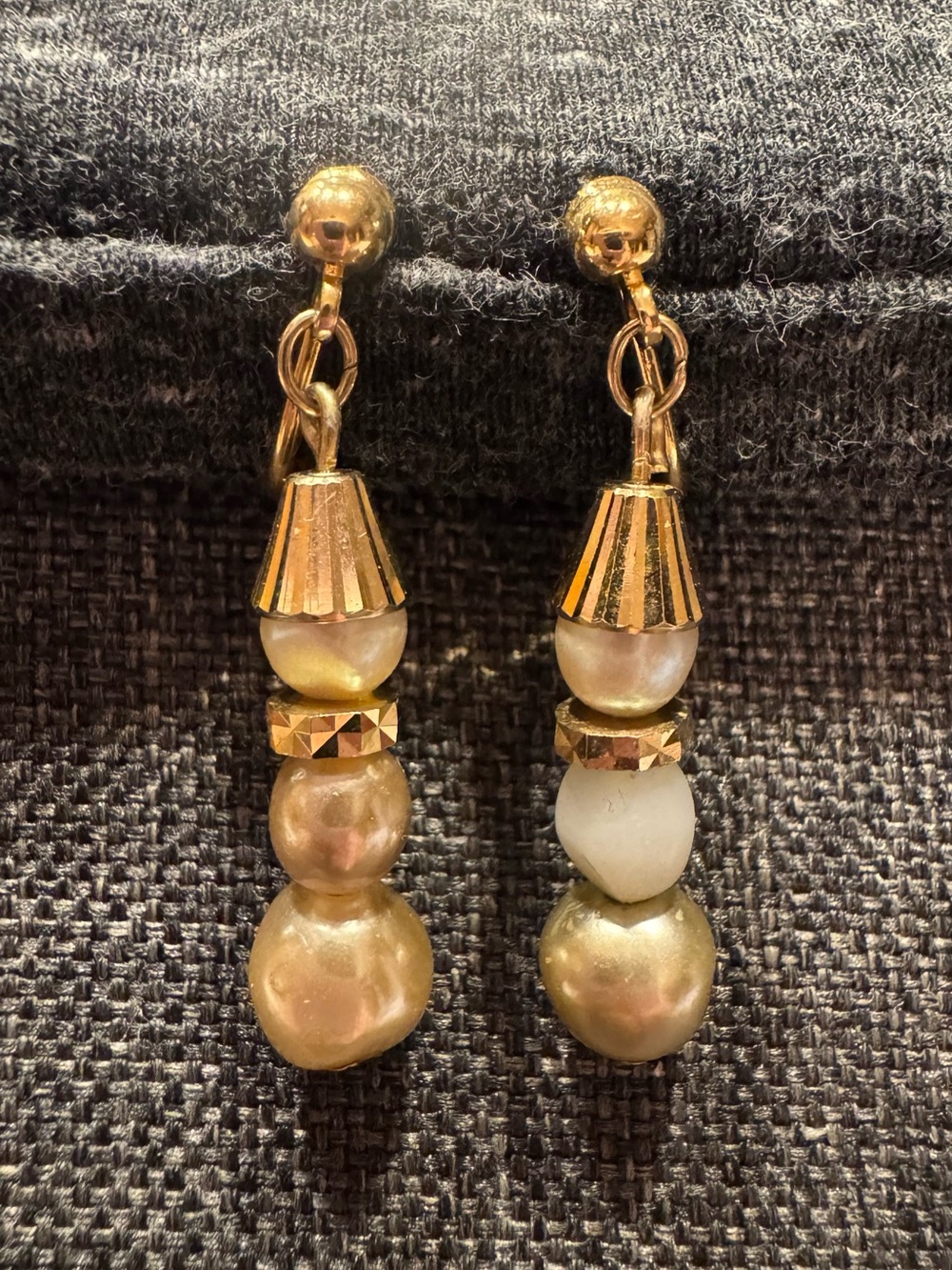 Vintage Napier Gold Tone Faux Pearl Screw Back Drop Earrings